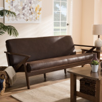 Baxton Studio Bianca-Dark Brown/Walnut Brown-SF Bianca Mid-Century Modern Walnut Wood Dark Brown Distressed Faux Leather 3-Seater Sofa